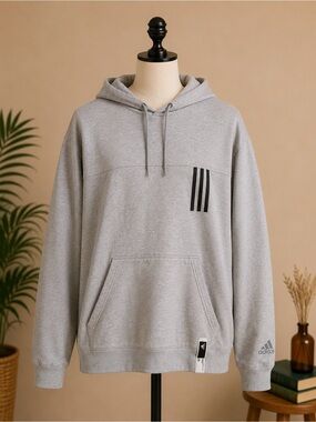 Adidas Gray Pullover Hoodie Sweatshirt | Men’s Large | Minimalist 3 Stripe Logo